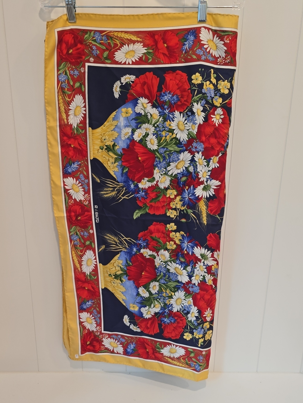 Vintage R di RAJU Italy Silk Scarf 34" Square Red Poppy Flower Botanical Navy